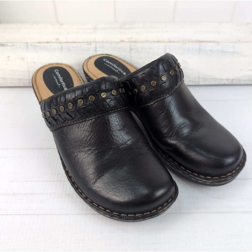 Comfortiva Lorain Clogs Women’s Size 9 M Black Leather Mule Comfort Pillowtop